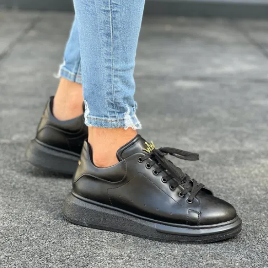 Male and Female Crowned High Sole Sneakers Shoes in All Black Casual Urban Streetwear Handmade Casual Shoes Premium Quality Trend Wholesale Offer 2023